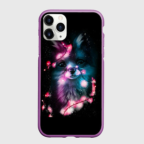 Чехол iPhone 11 Pro матовый Лиса с гирляндой / 3D-Фиолетовый – фото 1