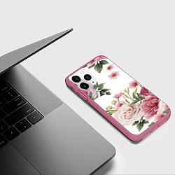 Чехол iPhone 11 Pro матовый Розовые розы, цвет: 3D-малиновый — фото 2