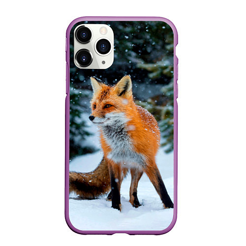 Чехол iPhone 11 Pro матовый Лиса в зимнем лесу / 3D-Фиолетовый – фото 1