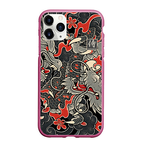 Чехол iPhone 11 Pro матовый Самурай Якудза, драконы / 3D-Малиновый – фото 1