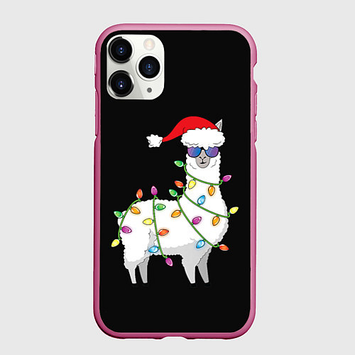 Чехол iPhone 11 Pro матовый Рождественская Лама / 3D-Малиновый – фото 1
