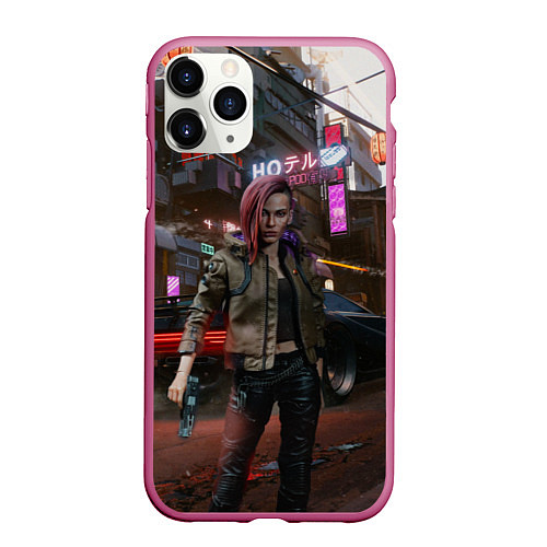 Чехол iPhone 11 Pro матовый Cyberpunk 2077 / 3D-Малиновый – фото 1