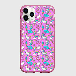 Чехол iPhone 11 Pro матовый Единороги и пончики, цвет: 3D-малиновый