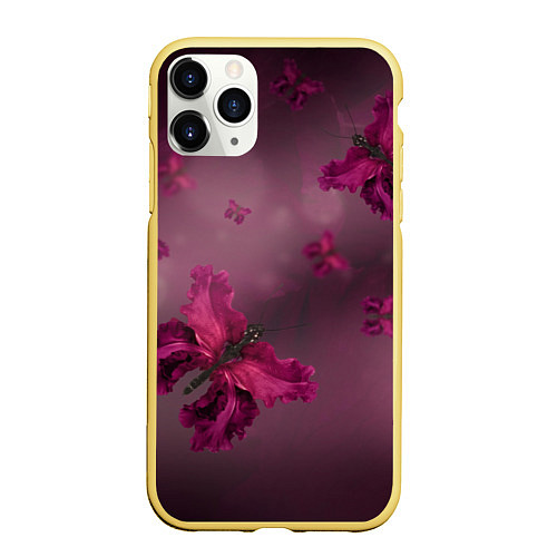 Чехол iPhone 11 Pro матовый Бабочки - цветы / 3D-Желтый – фото 1