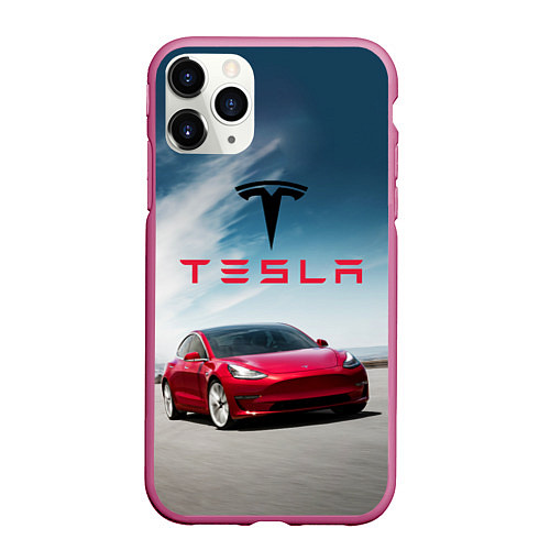 Чехол iPhone 11 Pro матовый Tesla Model 3 / 3D-Малиновый – фото 1