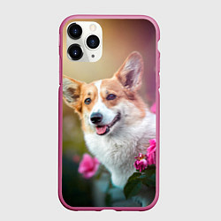 Чехол iPhone 11 Pro матовый Корги в розовом кусте, цвет: 3D-малиновый