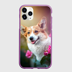 Чехол iPhone 11 Pro матовый Корги в розовом кусте, цвет: 3D-фиолетовый