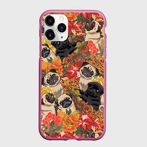Чехол iPhone 11 Pro матовый Мопсики Цветочки / 3D-Малиновый – фото 1