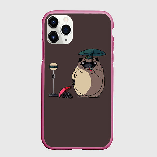 Чехол iPhone 11 Pro матовый Мопсы на остановке в стиле Тоторо / 3D-Малиновый – фото 1