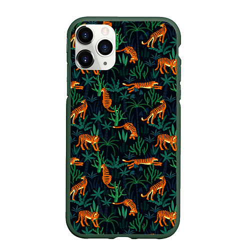 Чехол iPhone 11 Pro матовый Паттерн из Тигров и Растений / 3D-Темно-зеленый – фото 1