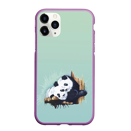 Чехол iPhone 11 Pro матовый Акварельные панды / 3D-Фиолетовый – фото 1