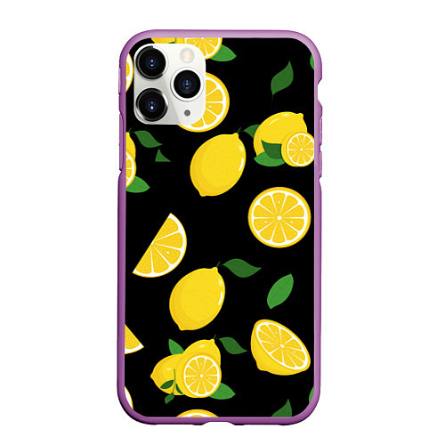 Чехол iPhone 11 Pro матовый Лимоны на чёрном / 3D-Фиолетовый – фото 1