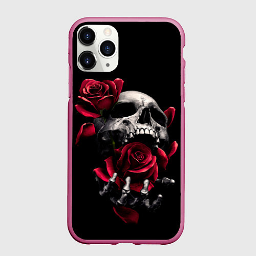 Чехол iPhone 11 Pro матовый ЧЕРЕП И РОЗЫ / 3D-Малиновый – фото 1
