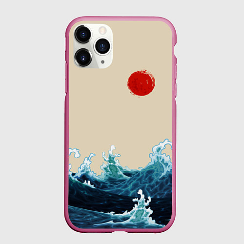 Чехол iPhone 11 Pro матовый Японский Стиль Волны и Солнце / 3D-Малиновый – фото 1