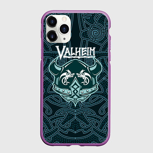 Чехол iPhone 11 Pro матовый Valheim шлем с рогами / 3D-Фиолетовый – фото 1