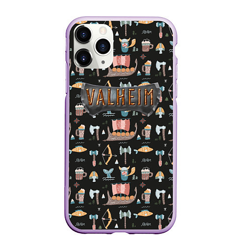 Чехол iPhone 11 Pro матовый Valheim викинги паттерн / 3D-Сиреневый – фото 1
