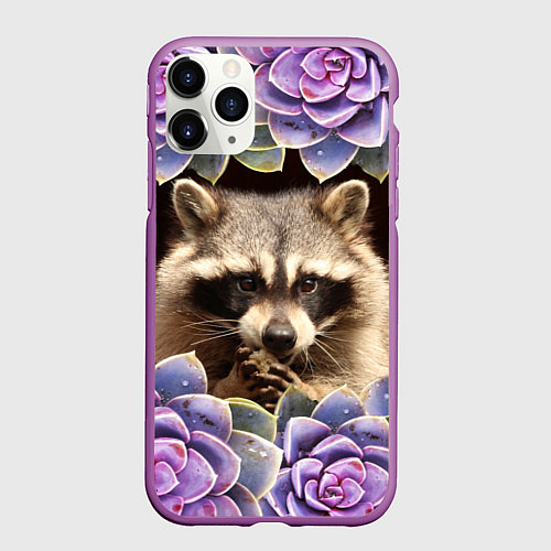 Чехол iPhone 11 Pro матовый Енот среди цветов / 3D-Фиолетовый – фото 1