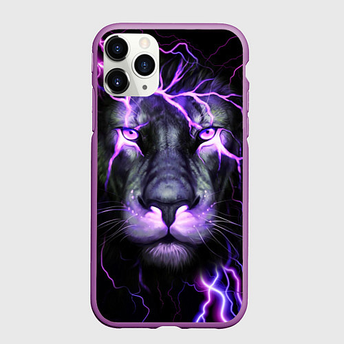 Чехол iPhone 11 Pro матовый НЕОНОВЫЙ ЛЕВ NEON LION / 3D-Фиолетовый – фото 1