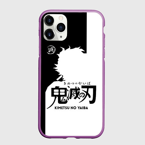 Чехол iPhone 11 Pro матовый Черно белый силуэт Танджиро / 3D-Фиолетовый – фото 1