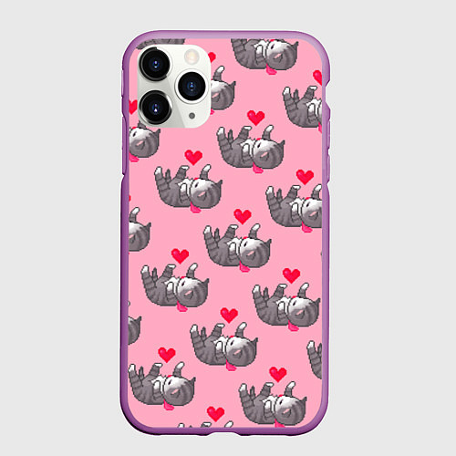 Чехол iPhone 11 Pro матовый Пиксельные котики / 3D-Фиолетовый – фото 1