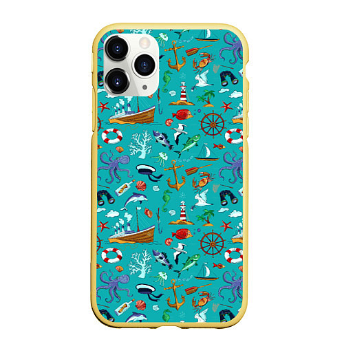Чехол iPhone 11 Pro матовый Морские обитатели / 3D-Желтый – фото 1