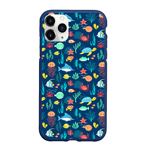 Чехол iPhone 11 Pro матовый Морские жители / 3D-Тёмно-синий – фото 1