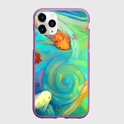 Чехол iPhone 11 Pro матовый Золотые рыбы в море абстракции / 3D-Фиолетовый – фото 1