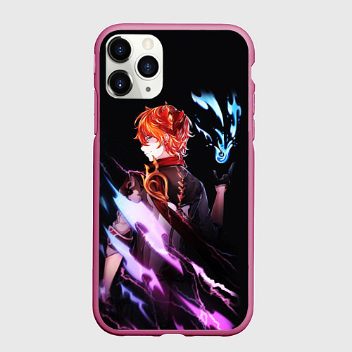 Чехол iPhone 11 Pro матовый ТАРТАЛЬЯ - GENSHIN IMPACT NEON / 3D-Малиновый – фото 1