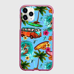 Чехол iPhone 11 Pro матовый Пальмы, волны, серфинг, цвет: 3D-малиновый