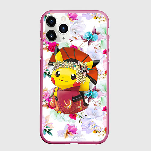 Чехол iPhone 11 Pro матовый Пикачу - Гейша / 3D-Малиновый – фото 1
