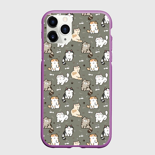 Чехол iPhone 11 Pro матовый Кошечки с рыбками / 3D-Фиолетовый – фото 1