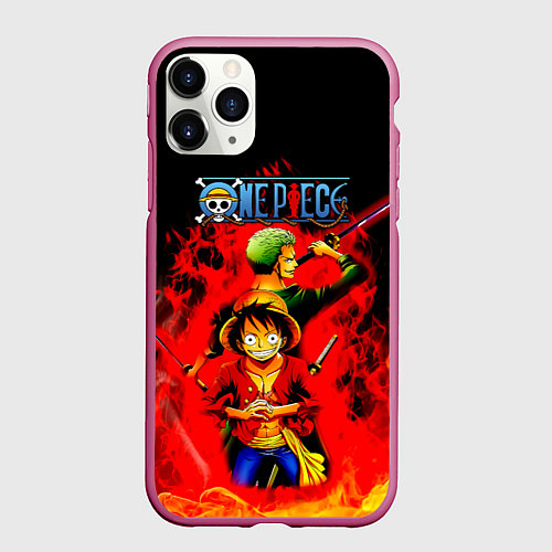 Чехол iPhone 11 Pro матовый Зоро и Луффи в огне One Piece / 3D-Малиновый – фото 1