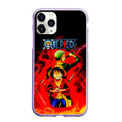 Чехол iPhone 11 Pro матовый Зоро и Луффи в огне One Piece, цвет: 3D-светло-сиреневый