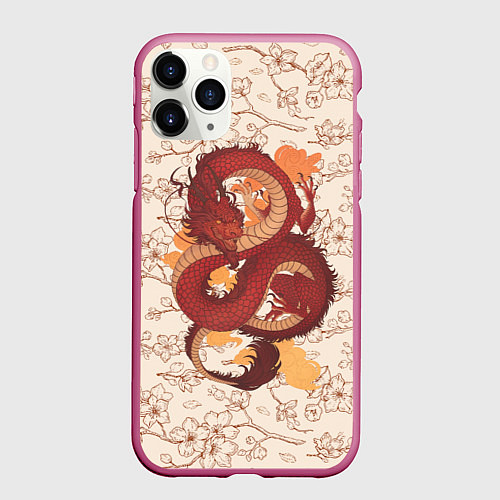 Чехол iPhone 11 Pro матовый Китайский Дракон и Сакура / 3D-Малиновый – фото 1