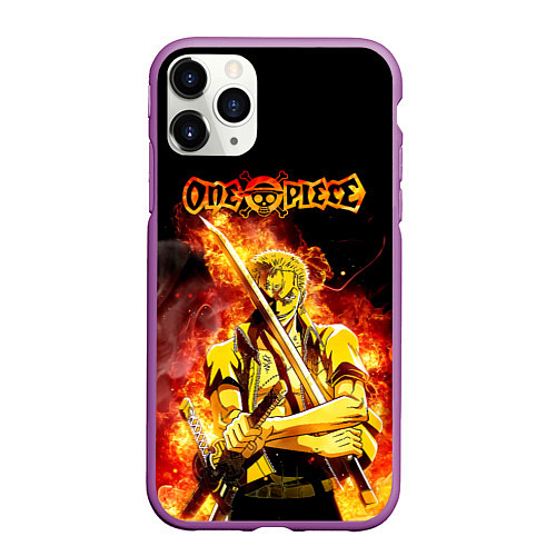 Чехол iPhone 11 Pro матовый Зоро в огне One Piece Большой куш / 3D-Фиолетовый – фото 1