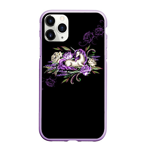 Чехол iPhone 11 Pro матовый Единорог среди роз / 3D-Сиреневый – фото 1