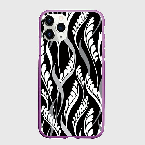 Чехол iPhone 11 Pro матовый Листья в черно-Белом Цвете / 3D-Фиолетовый – фото 1