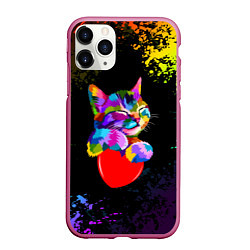 Чехол iPhone 11 Pro матовый РАДУЖНЫЙ КОТИК RAINBOW KITTY, цвет: 3D-малиновый