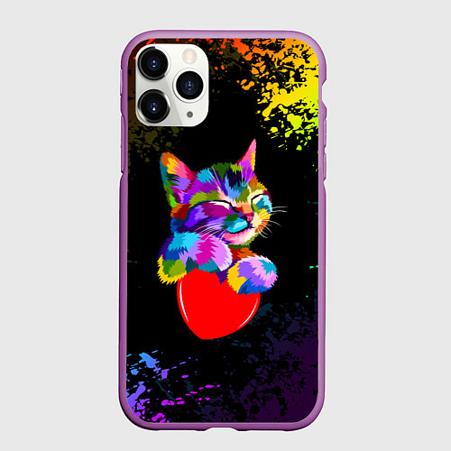 Чехол iPhone 11 Pro матовый РАДУЖНЫЙ КОТИК RAINBOW KITTY / 3D-Фиолетовый – фото 1
