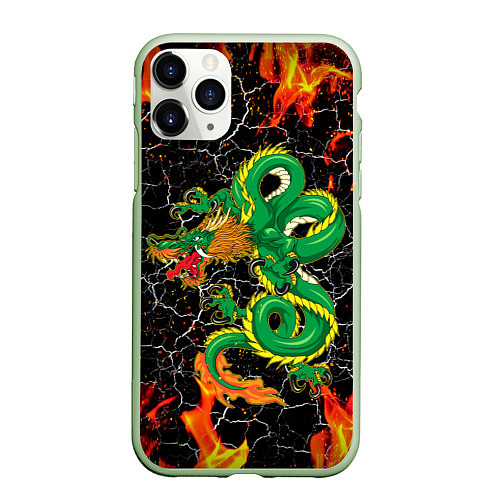 Чехол iPhone 11 Pro матовый Дракон Огонь Dragon Fire / 3D-Салатовый – фото 1