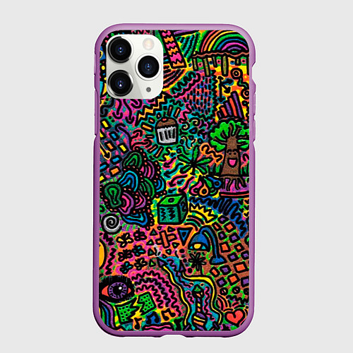 Чехол iPhone 11 Pro матовый Кислотные узоры психоделика / 3D-Фиолетовый – фото 1
