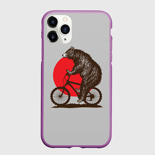 Чехол iPhone 11 Pro матовый Медведь на велосиеде / 3D-Фиолетовый – фото 1