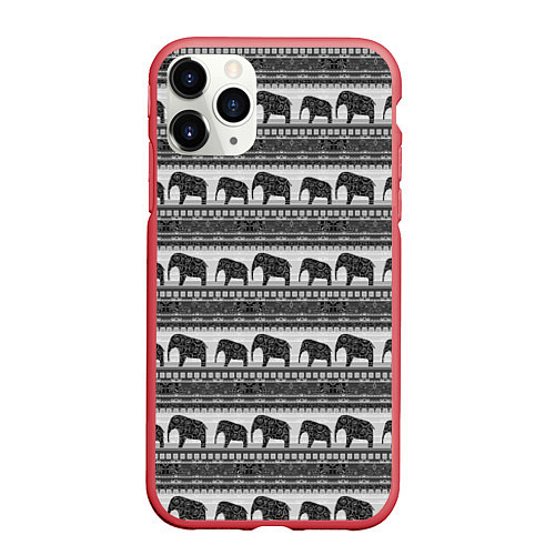 Чехол iPhone 11 Pro матовый Черно-белый узор слоны / 3D-Красный – фото 1