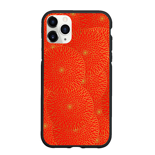 Чехол iPhone 11 Pro матовый ЗОЛОТЫЕ ХРИЗАНТЕМЫ ПАТТЕРН / 3D-Черный – фото 1