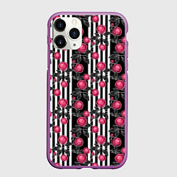 Чехол iPhone 11 Pro матовый Акварельные розы на полосатом, цвет: 3D-фиолетовый