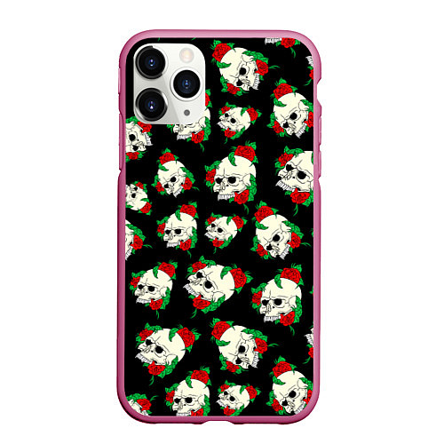 Чехол iPhone 11 Pro матовый Черепа и розы Skull and Roses / 3D-Малиновый – фото 1