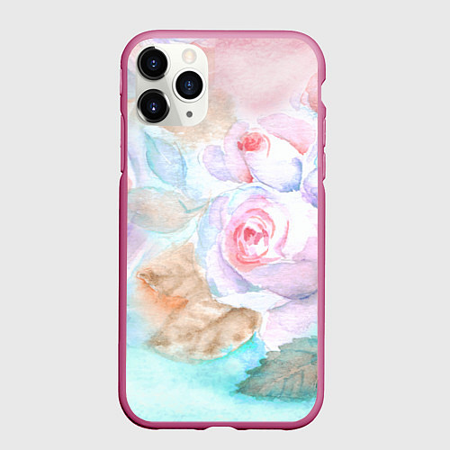 Чехол iPhone 11 Pro матовый Нежная акварель с розами / 3D-Малиновый – фото 1