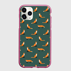 Чехол iPhone 11 Pro матовый Лисы паттерн, цвет: 3D-малиновый