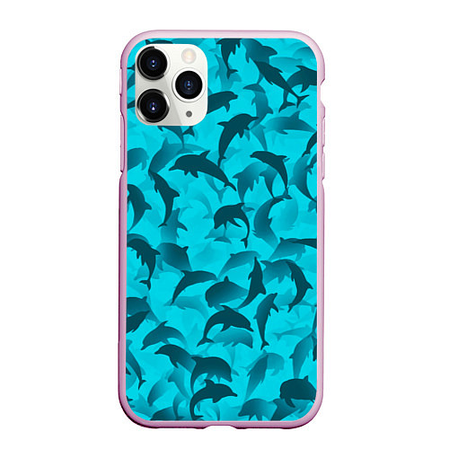 Чехол iPhone 11 Pro матовый Синий камуфляж с дельфинами / 3D-Розовый – фото 1