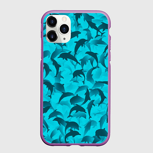 Чехол iPhone 11 Pro матовый Синий камуфляж с дельфинами / 3D-Фиолетовый – фото 1